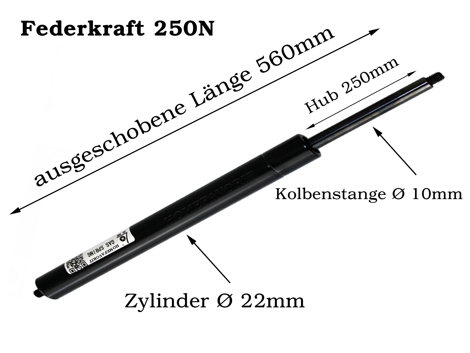 Gasdruckfeder Gasdruckdämpfer Gasfeder mit Gewinde schwarz Länge: 560mm  Hub: 250mm Kraft: 250N - RHEDSTORE